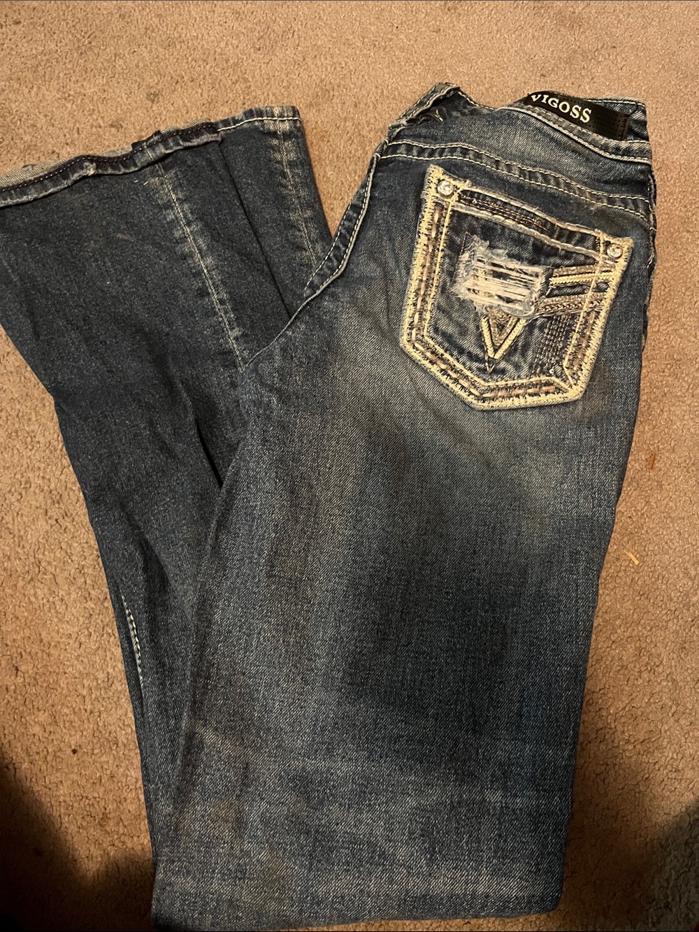 Vigoss Women's Dark Blue Distressed Bootcut Jeans with Embroidered Pocket